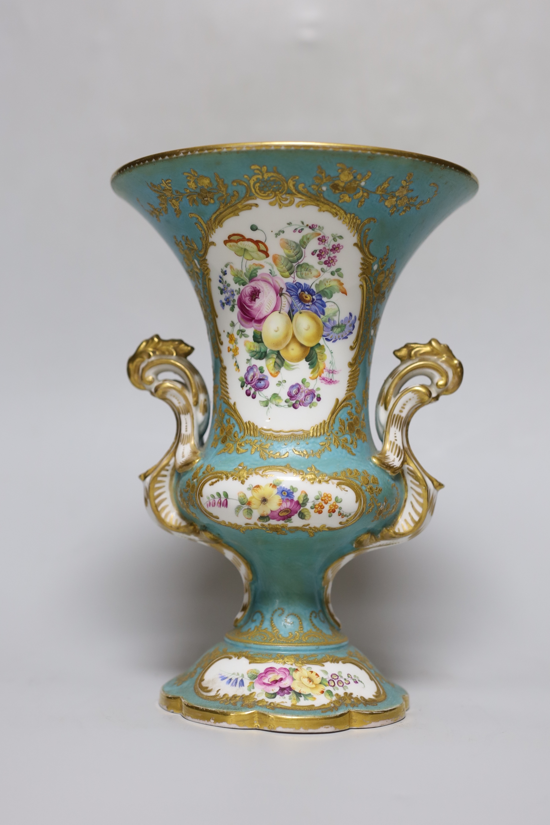 A fine Coalport two handled vase, painted with fruit and flowers by William Cook, c.1850. 22cm tall